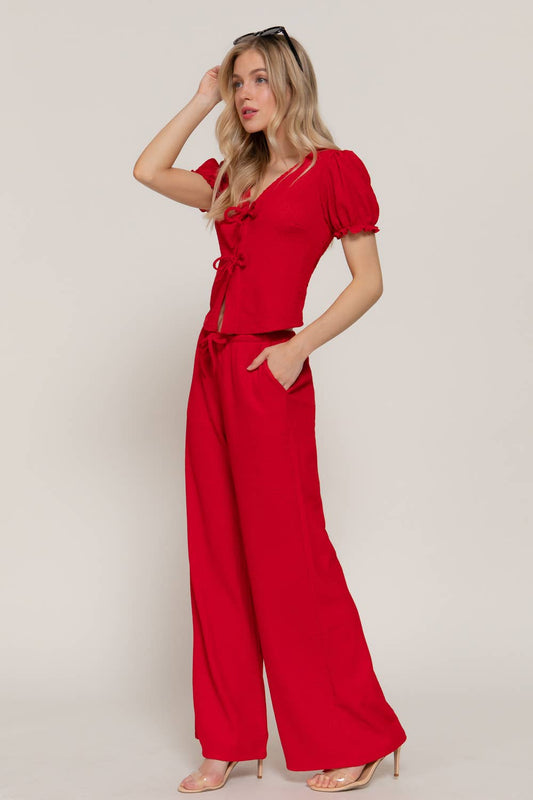 Red V-Neck Bow Top & Knit Pants Set