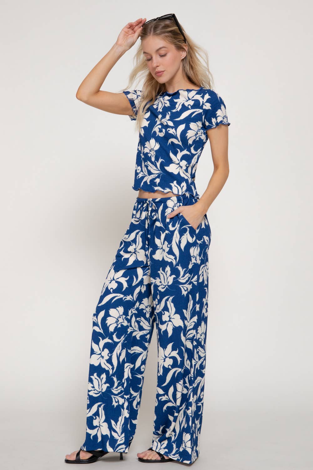 Deep Blue Texture Knit Top + Pants Set