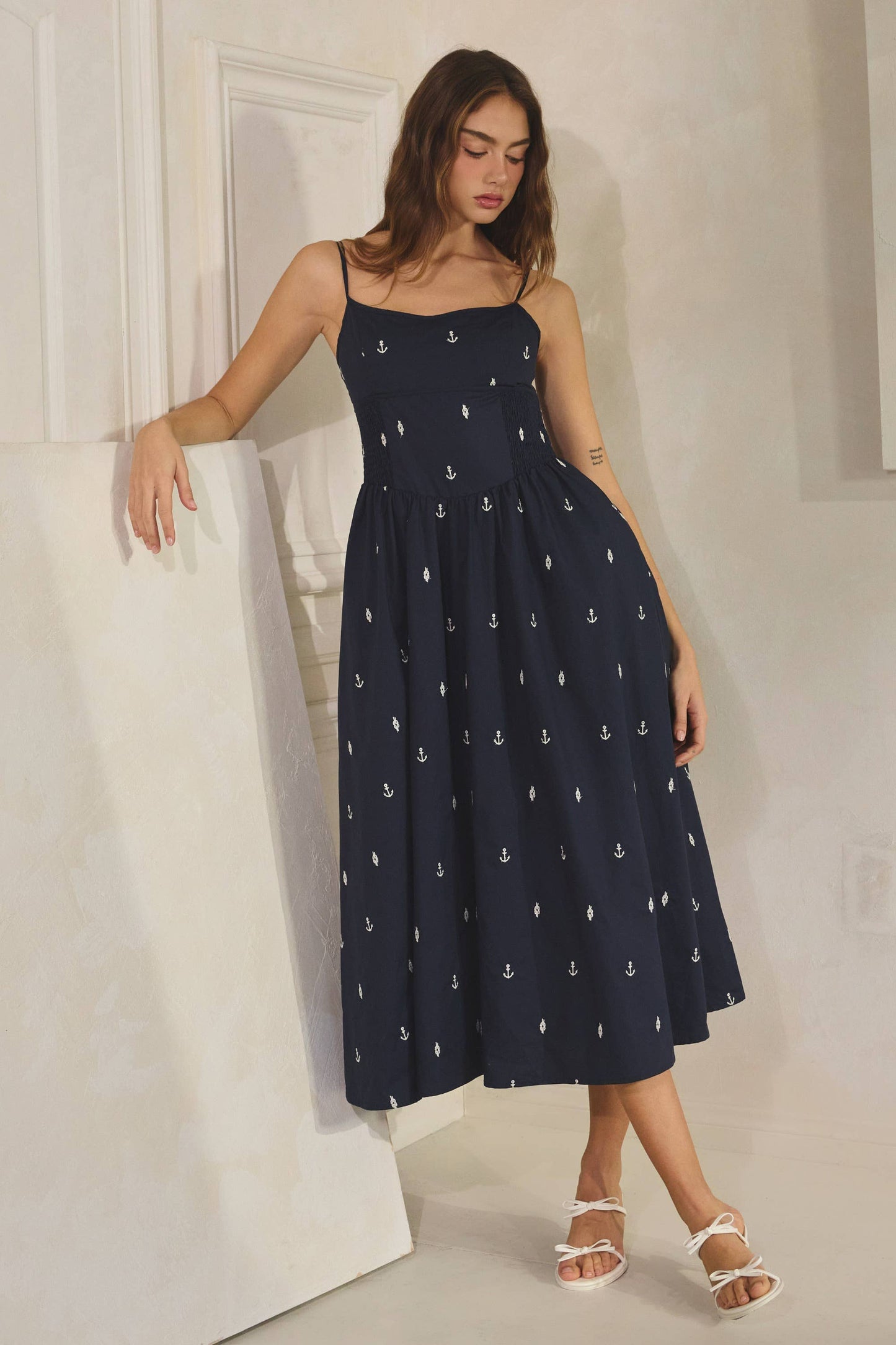 Embroidered Anchor Smocked Maxi Dress