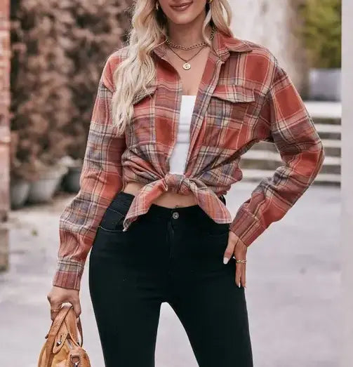 Caramel Oversized Loose Plaid Button Down