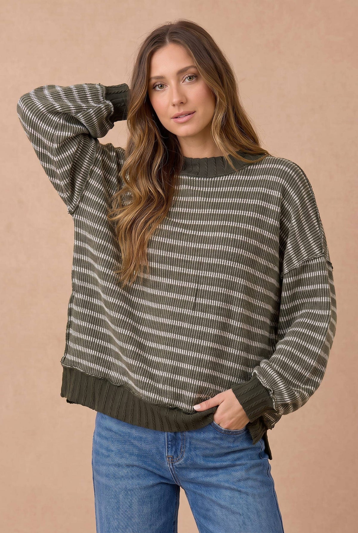 Olive Striped Mock Neck Seamed Knit Top