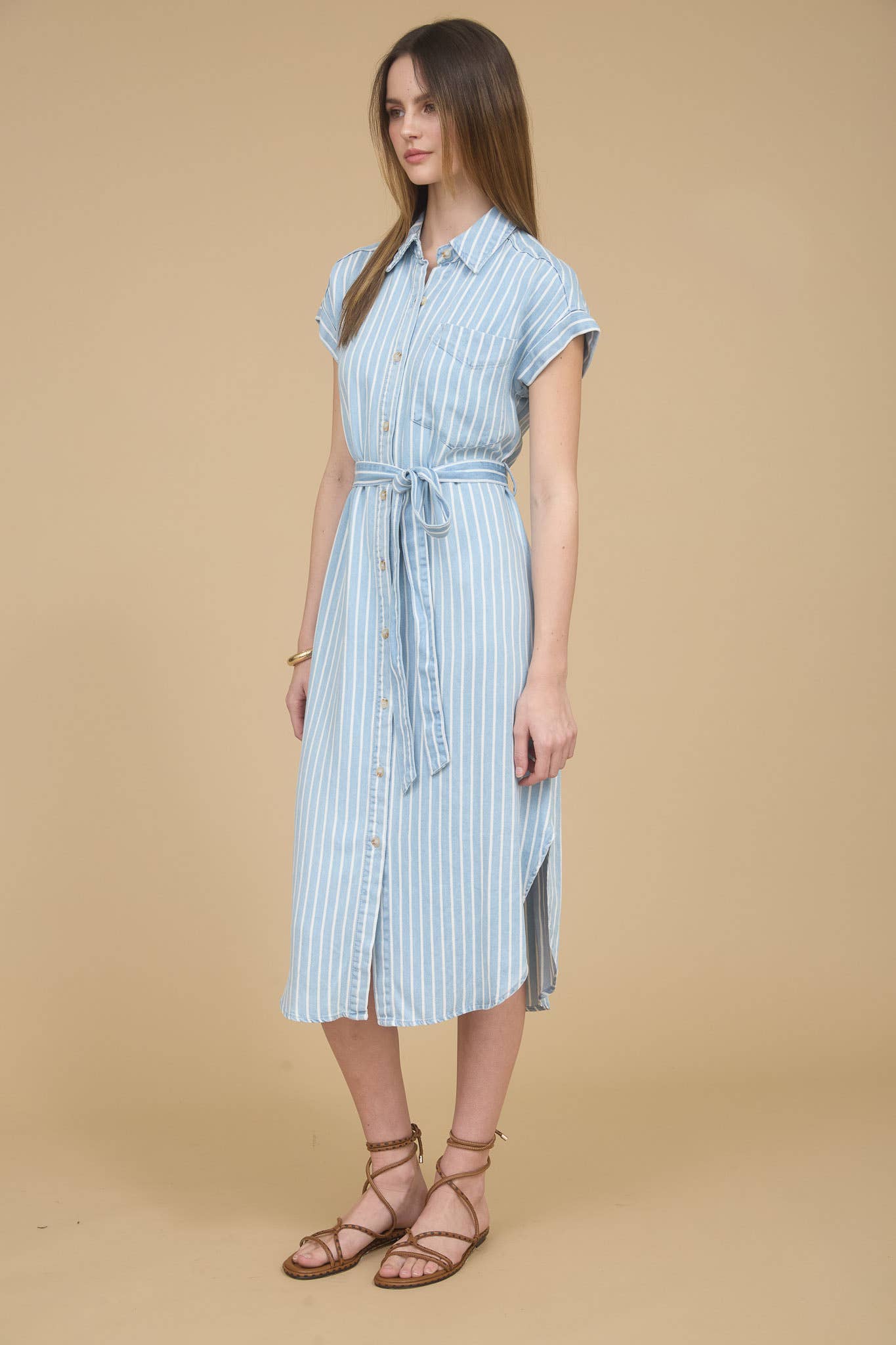 Striped Chambray Tie Belt Midi Dress