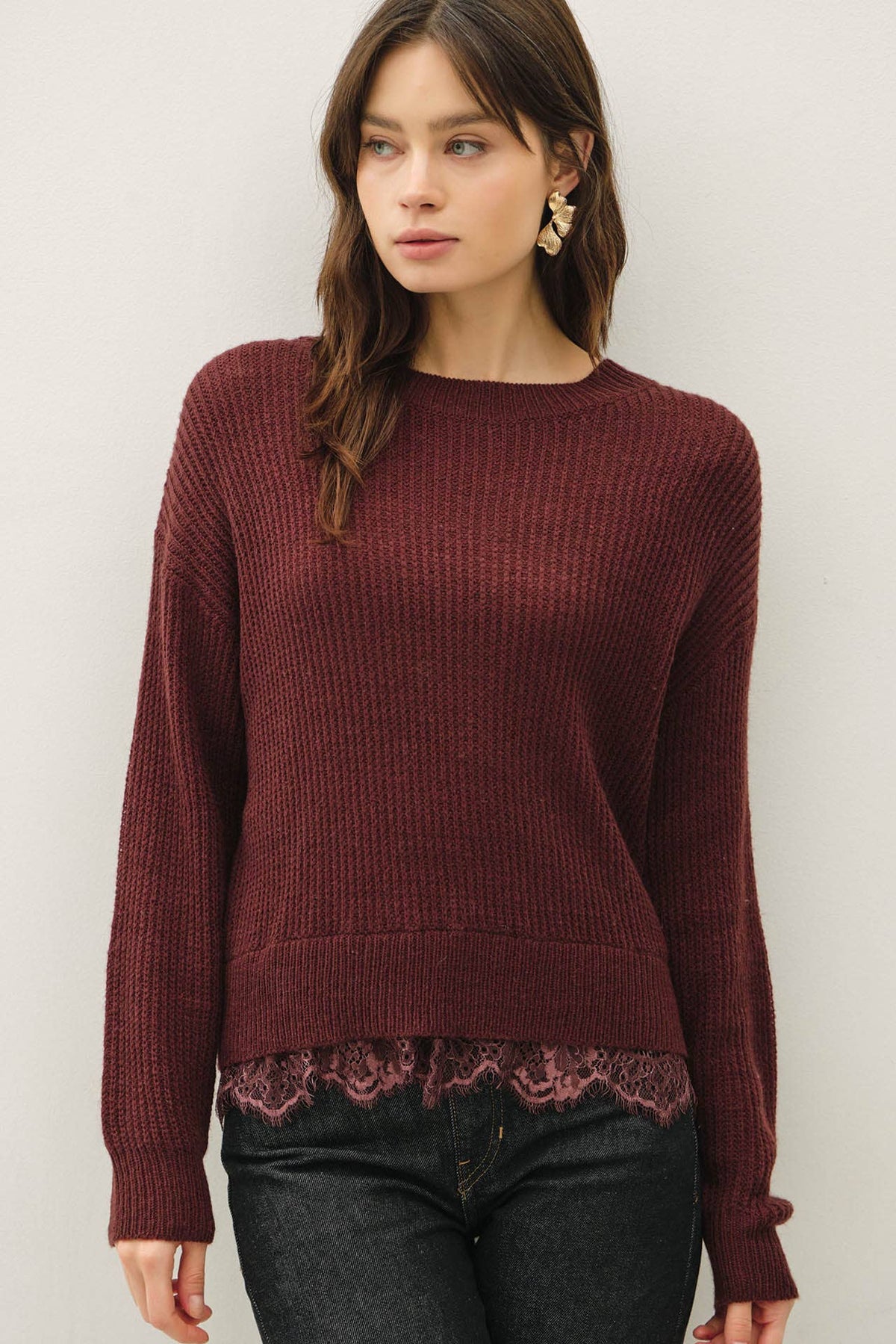 SCALLOPED LACE HEM WOOL BLENDED SWEATER
