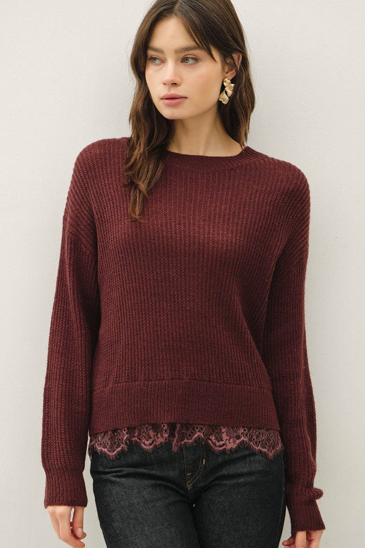 SCALLOPED LACE HEM WOOL BLENDED SWEATER