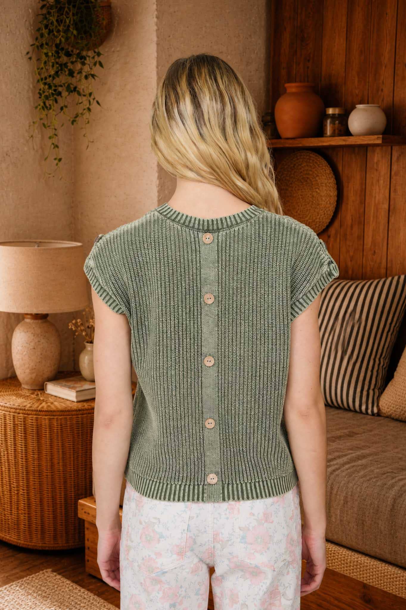 Olive Acid Washed Back Button Top
