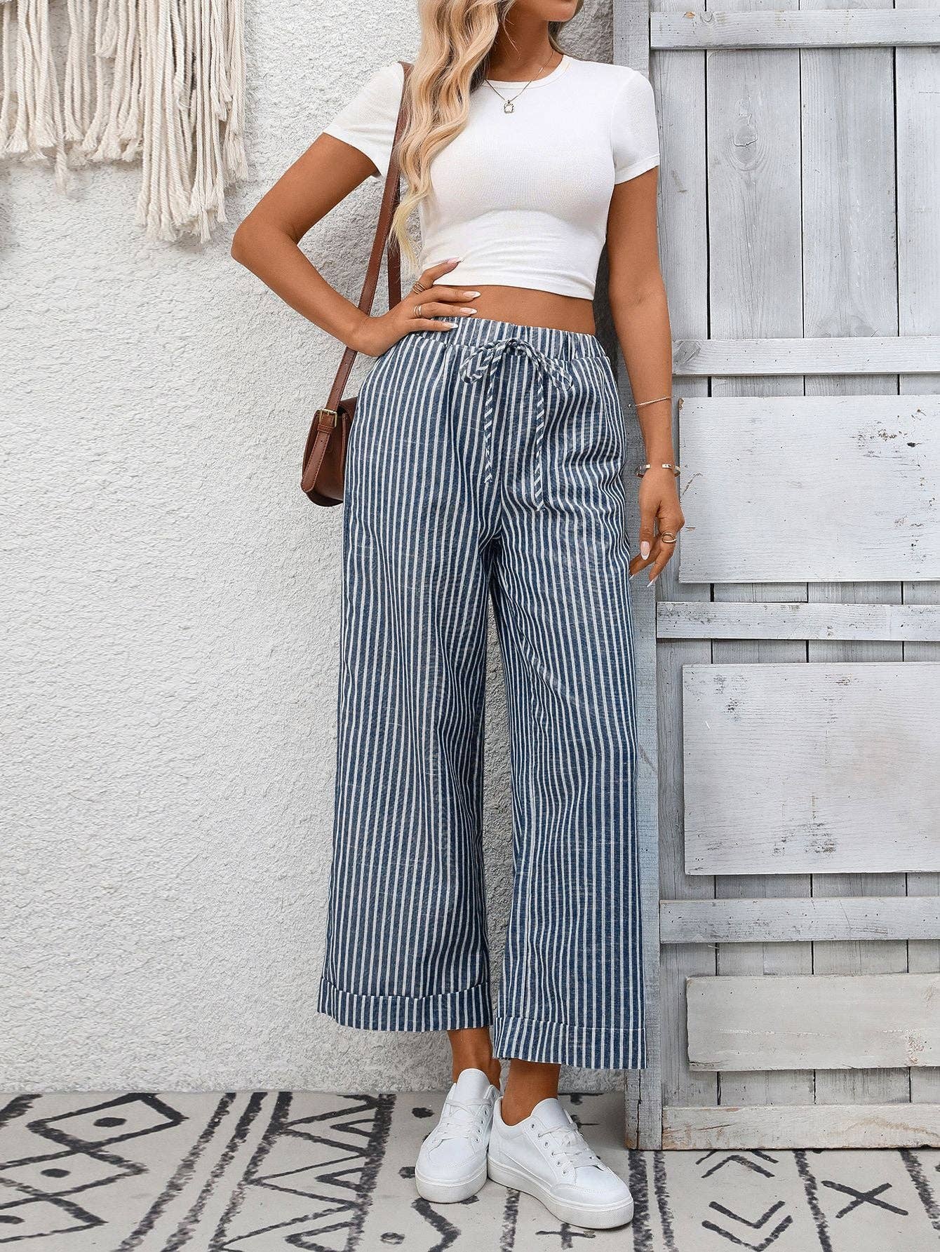Navy Striped Wide Leg Pants