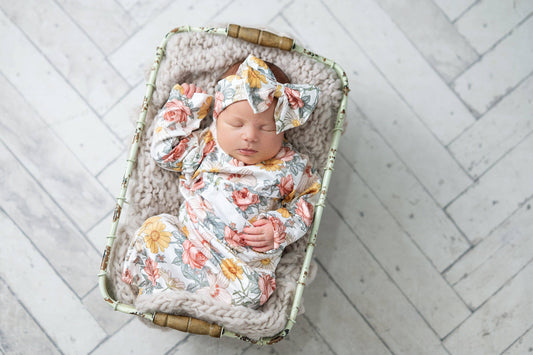 Botanical Ecru Infant Baby Gown + Bow Set