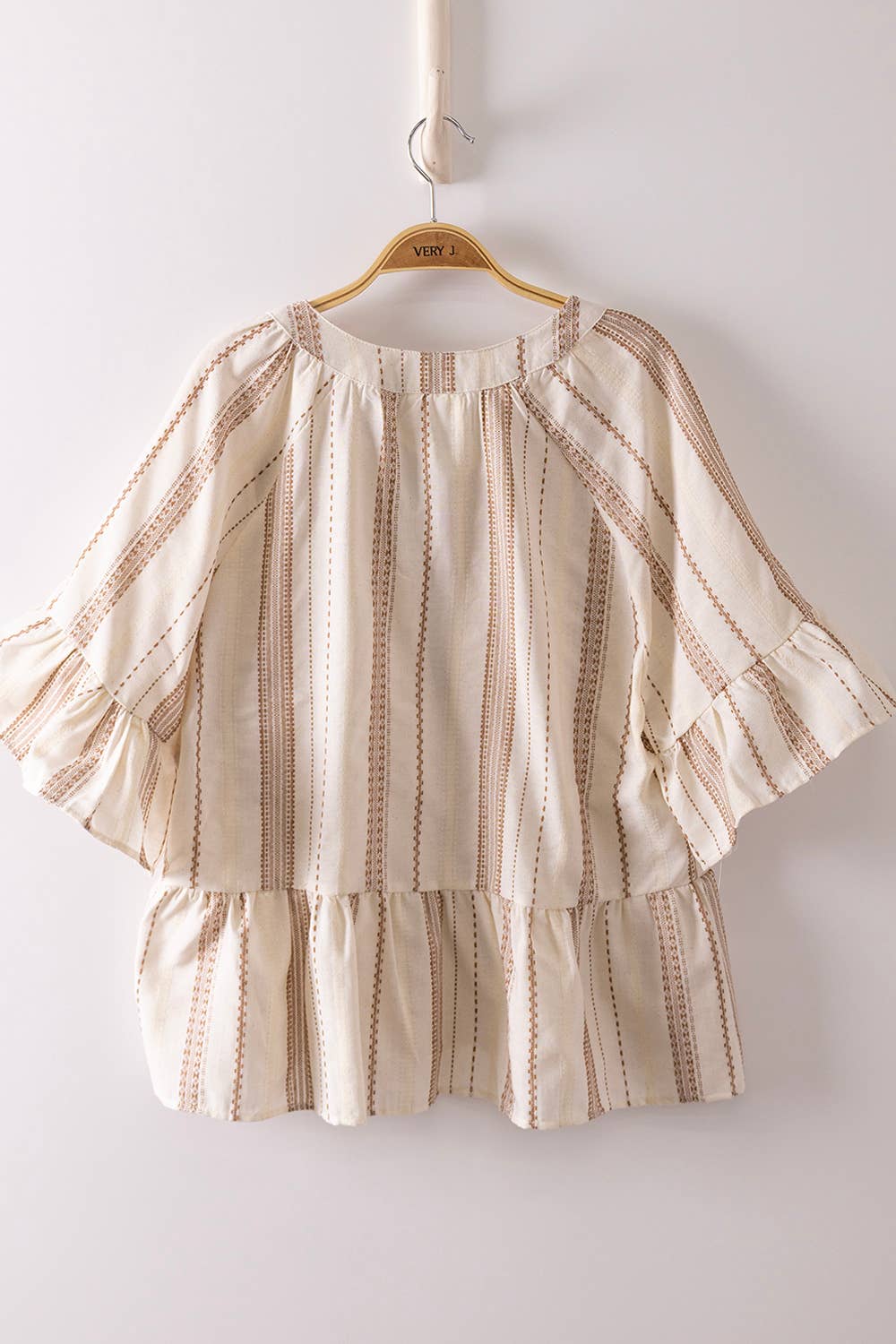 Mocha Striped Half Bell Sleeve Blouse Top