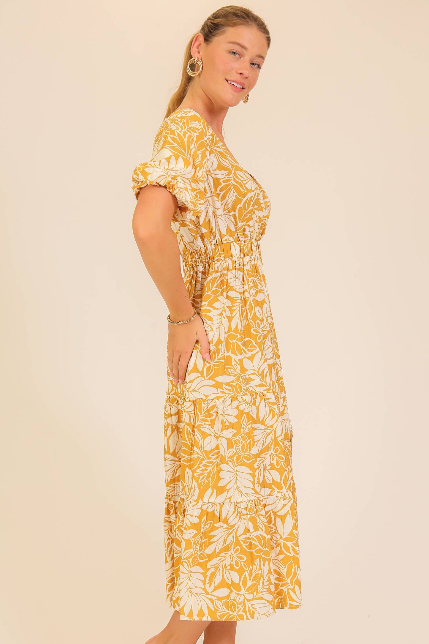 Mustard Floral Puff Sleeve Midi Dress