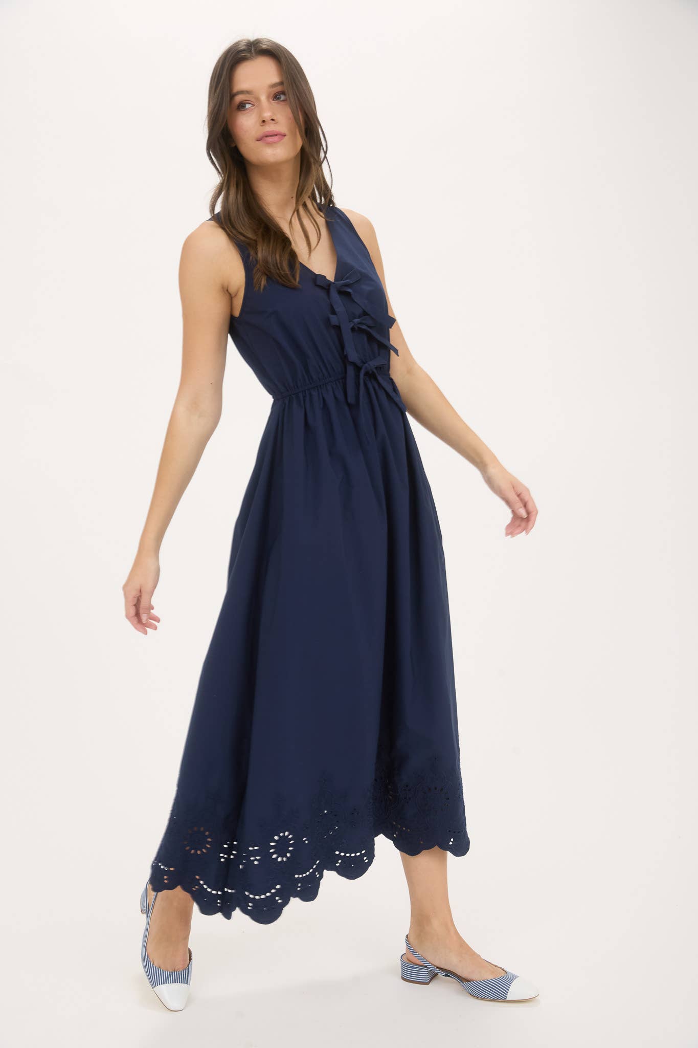 Navy Front Bow Tie Eyelet Hem Dress