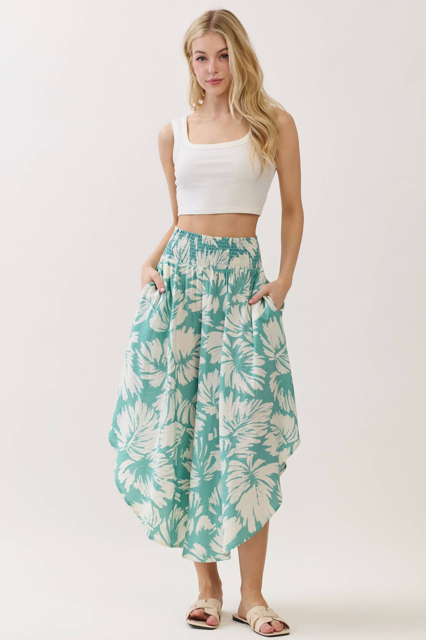 Sage Green Floral Waist Smocked Round Bottom Midi Skirt