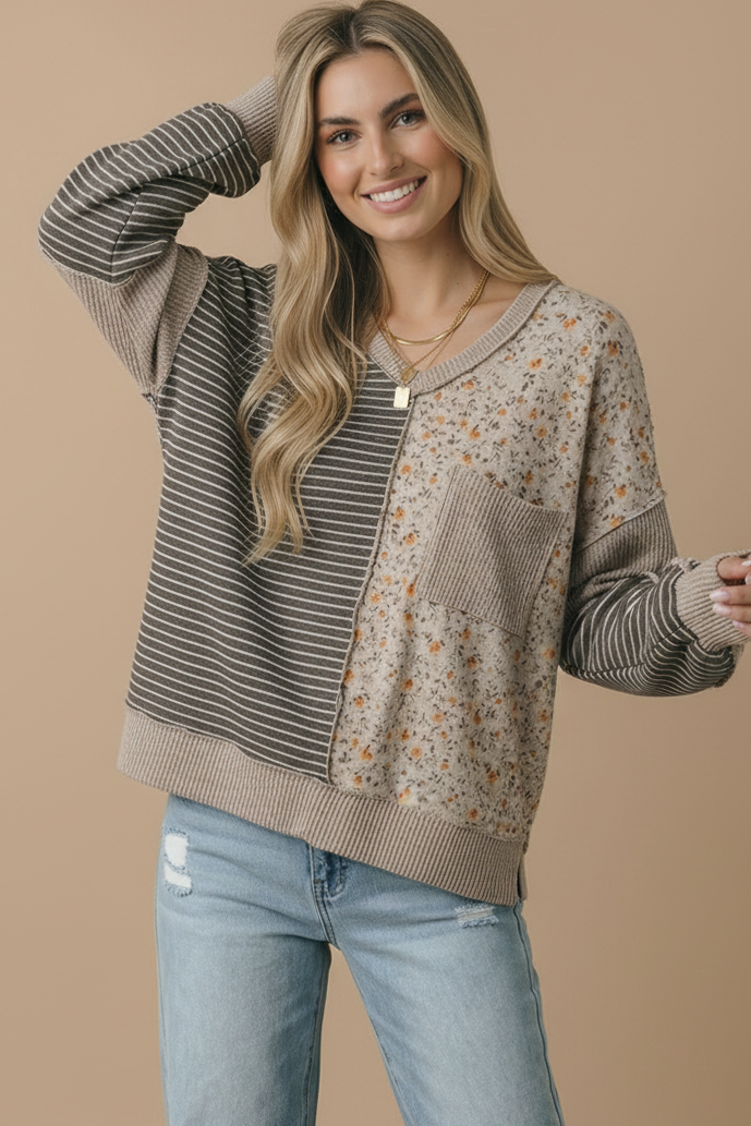 V Neck Color Block Outseam Top