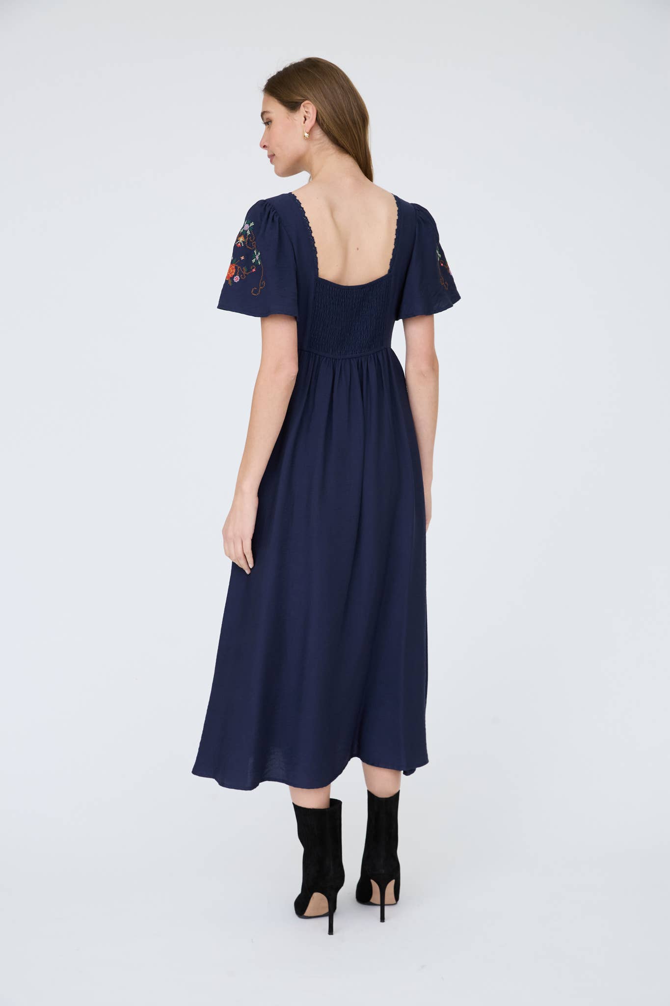 Chocolate Brown Embroidered Bell Sleeve Midi Dress