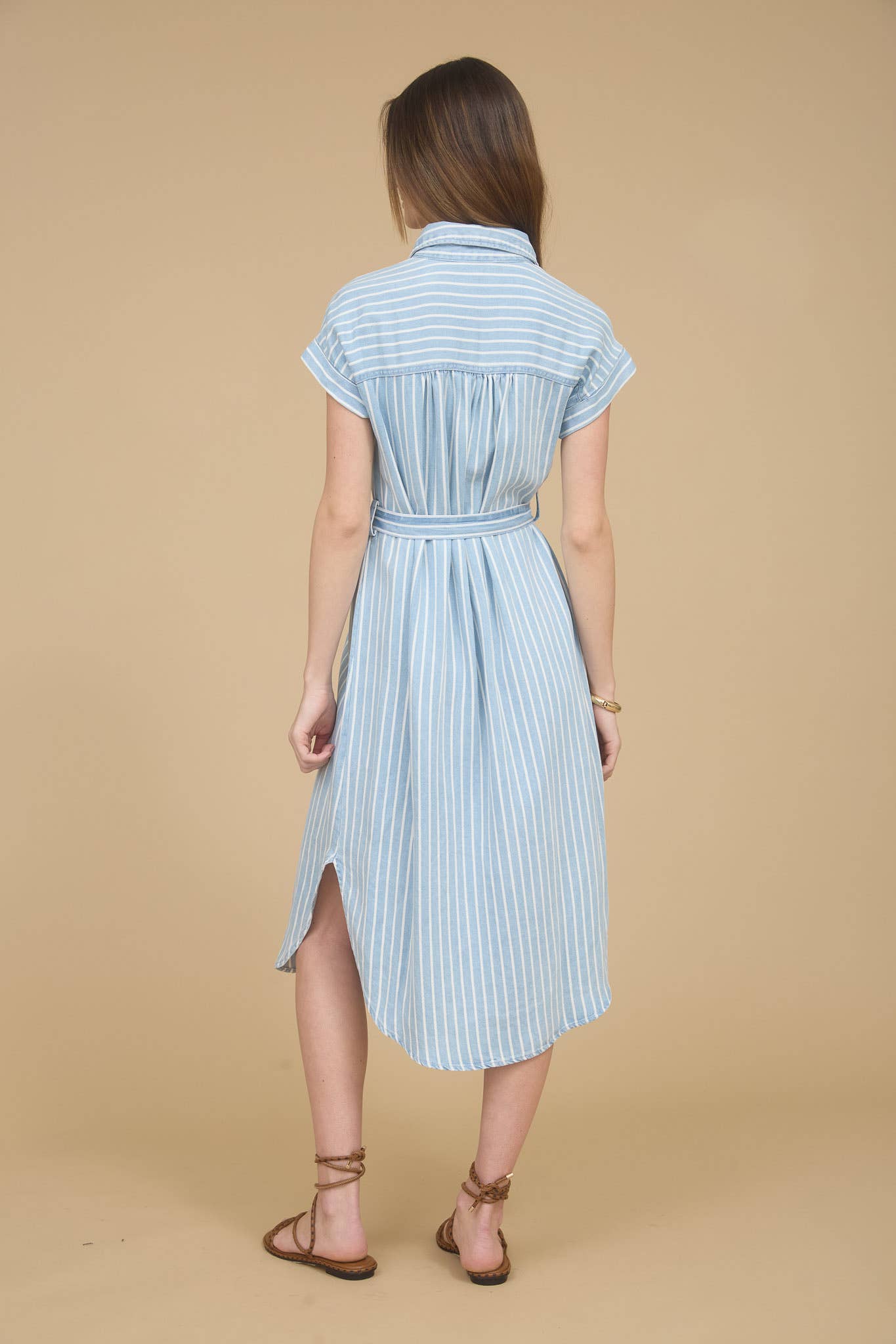 Striped Chambray Tie Belt Midi Dress