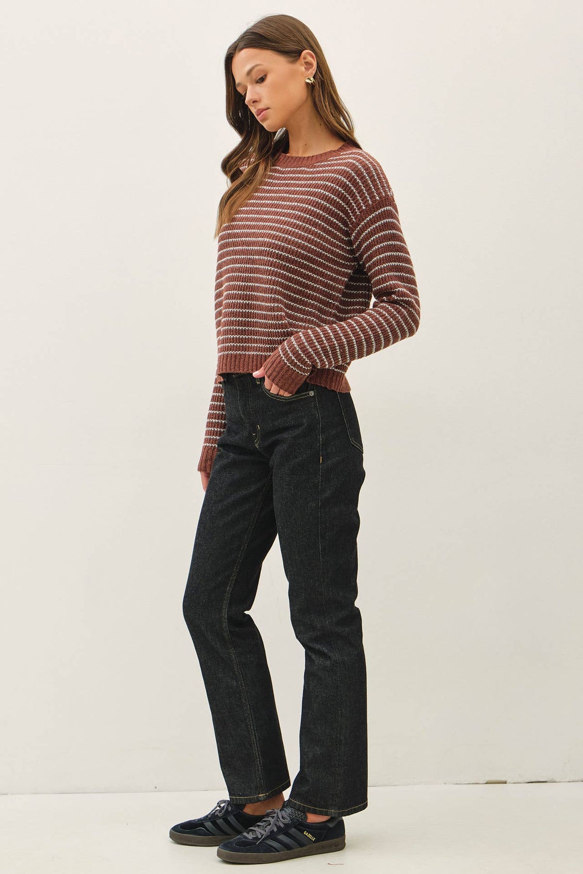 SEPIA STRIPED WAFFLE KNIT SWEATER