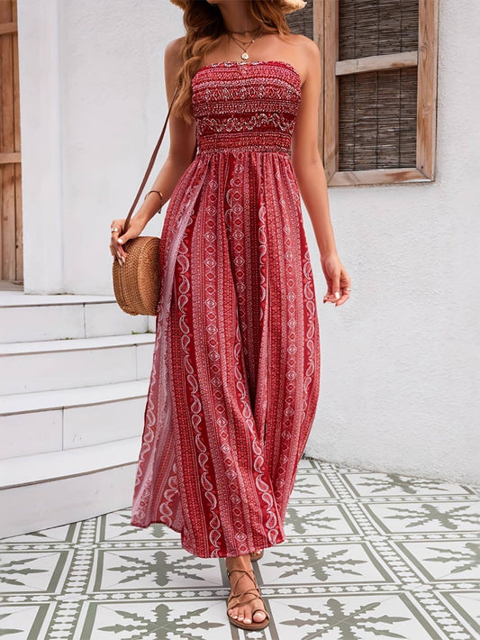Red Strapless Wide Leg Jumpsuit For Women