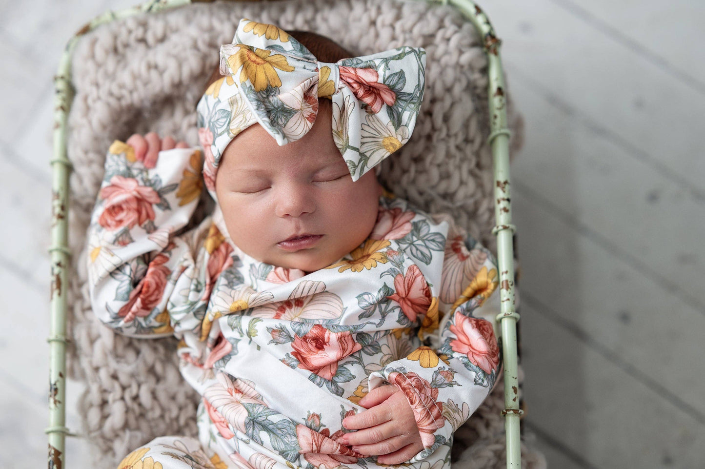 Botanical Ecru Infant Baby Gown + Bow Set