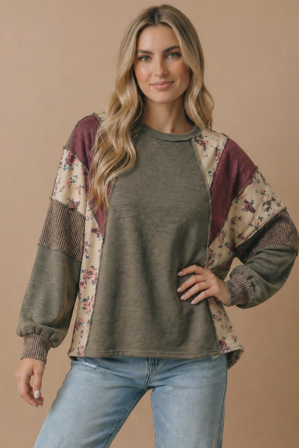 Olive Mixed Media Patchwork Pullover Knit Top
