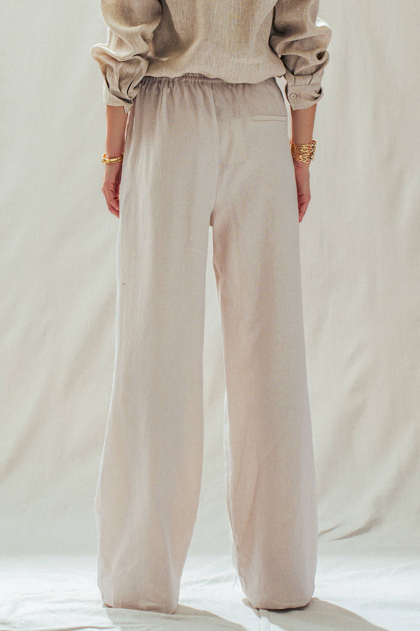 Natural Linen Blend Wide Leg Drawstring Pants