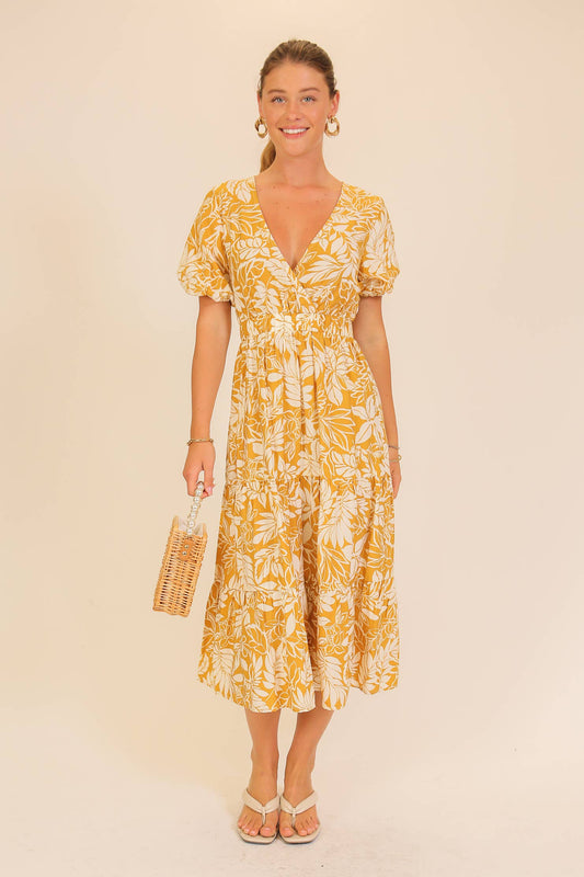 Mustard Floral Puff Sleeve Midi Dress