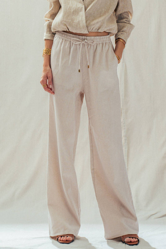 Natural Linen Blend Wide Leg Drawstring Pants