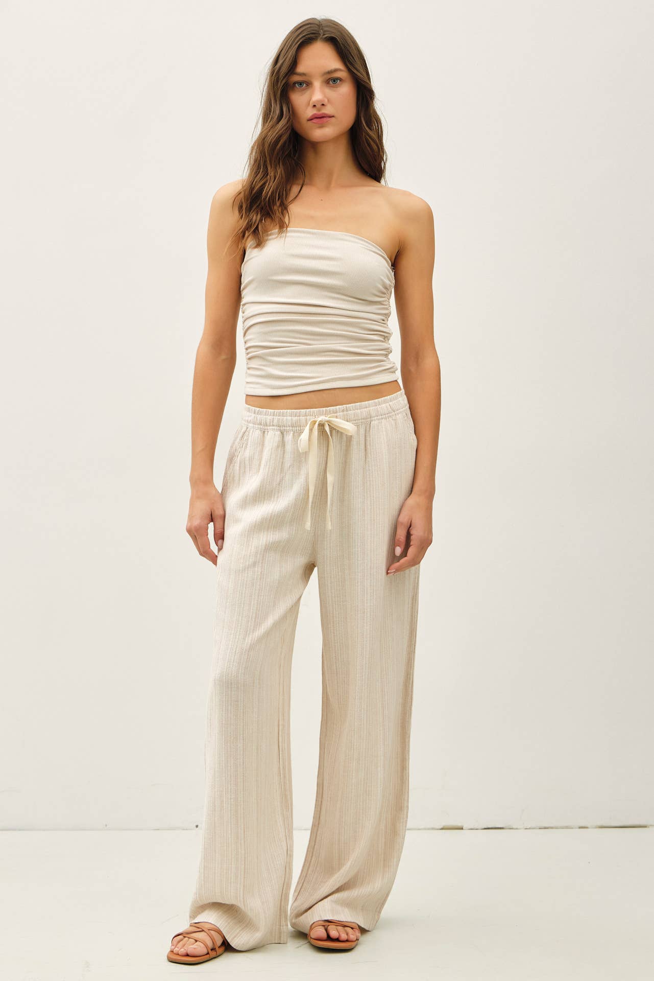 Natural Striped Linen Wide Leg Pants