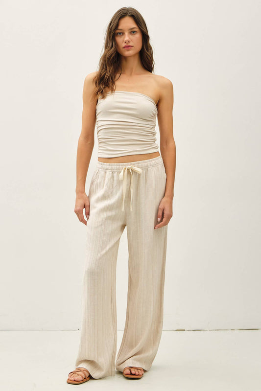 Natural Striped Linen Wide Leg Pants