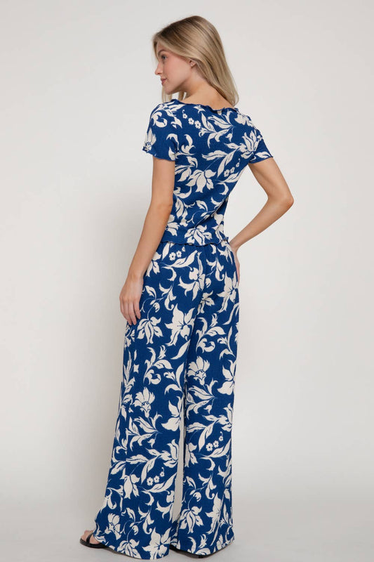 Deep Blue Texture Knit Top + Pants Set