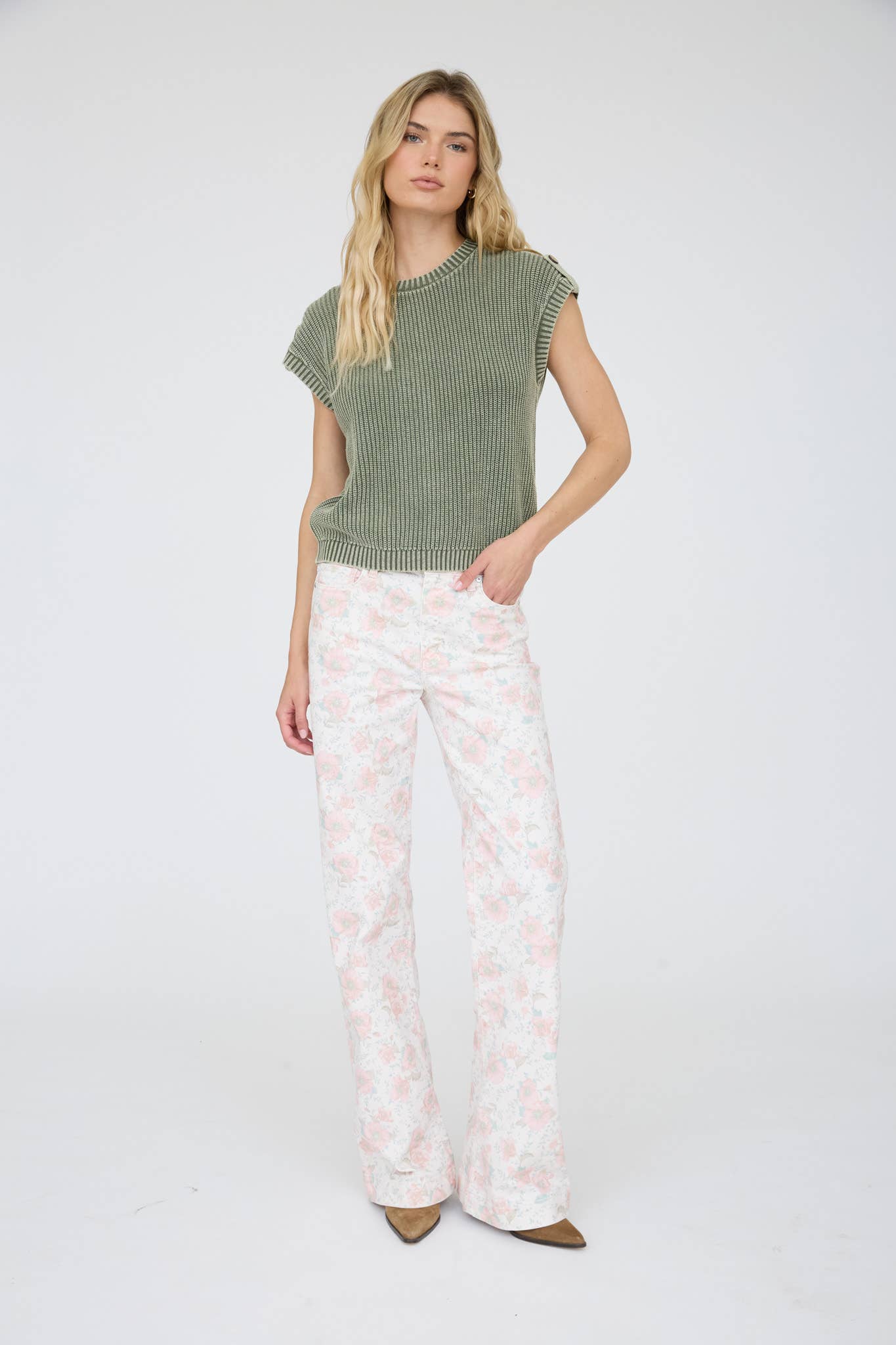 Olive Acid Washed Back Button Top