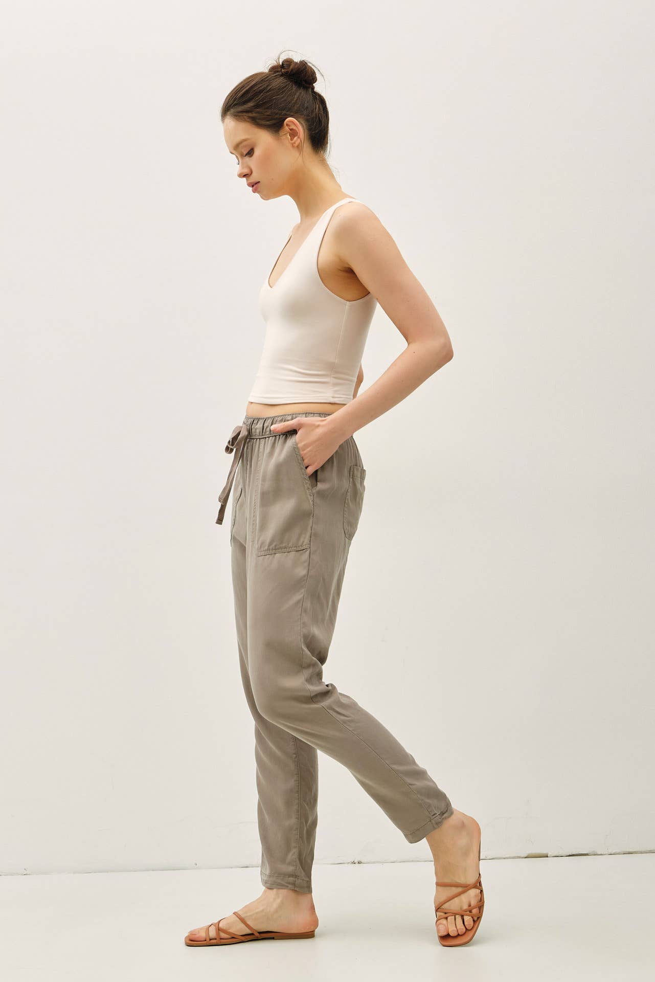 Khaki Tencel Ankle Pants