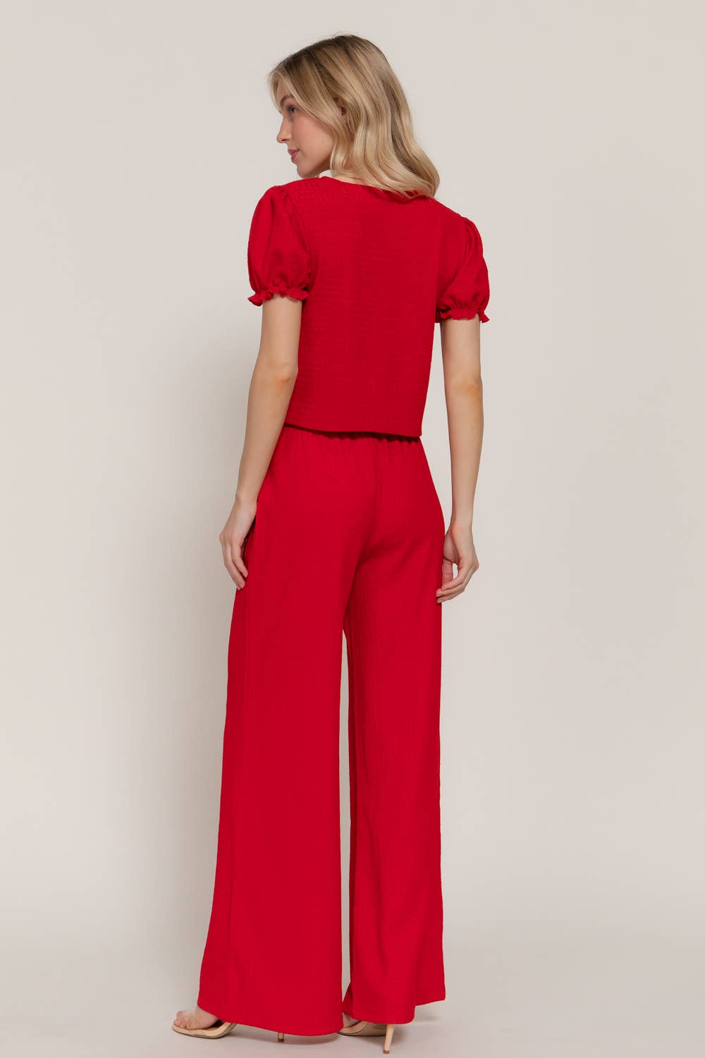 Red V-Neck Bow Top & Knit Pants Set