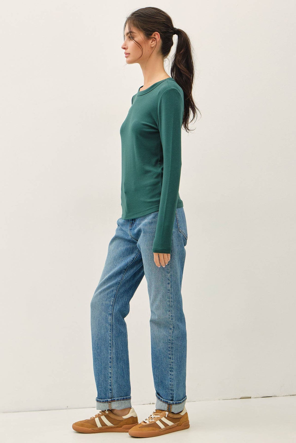 FOREST GREEN ROUND NECK LONG SLEEVE KNIT TOP