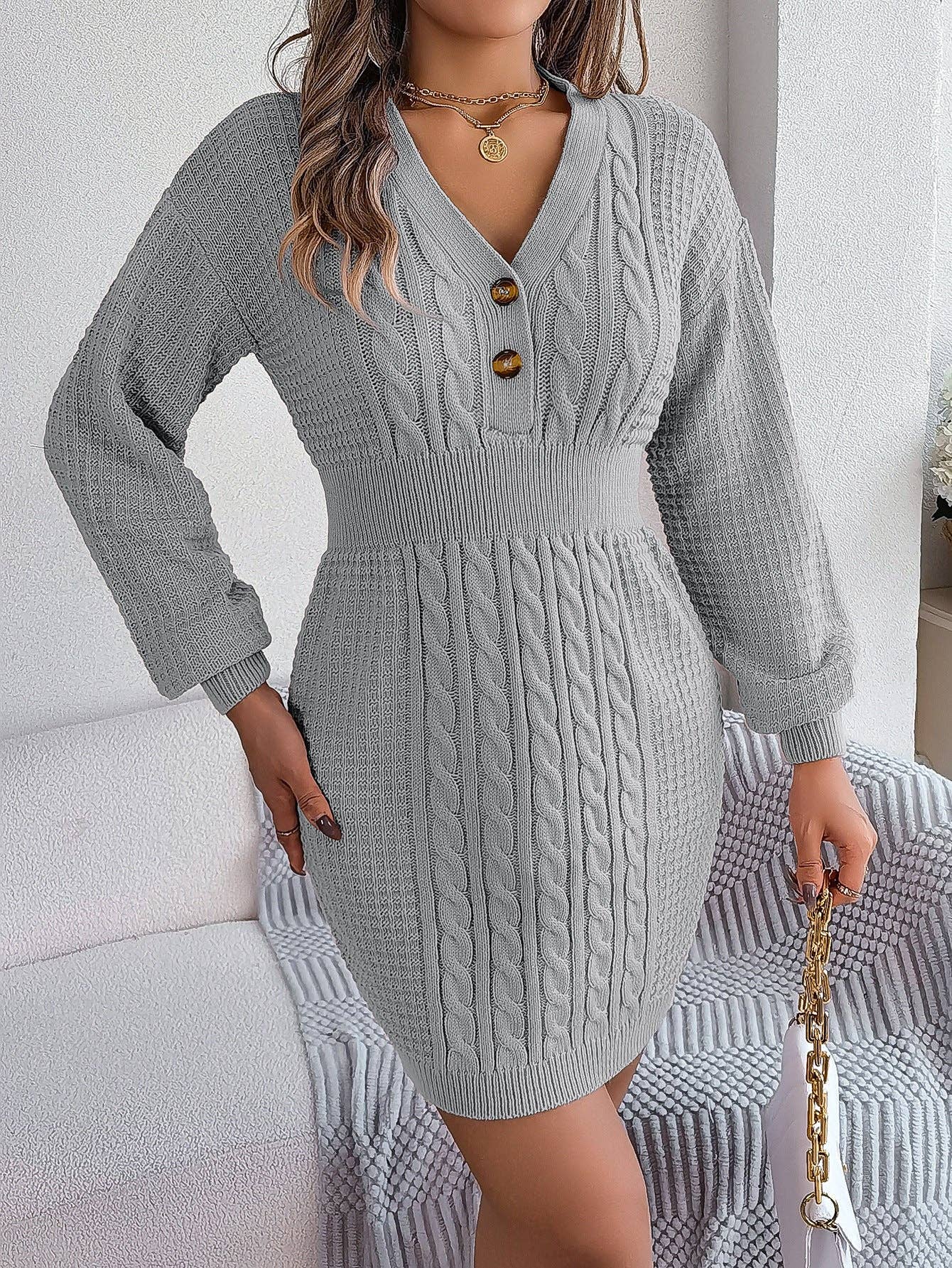 V-Neck Button Down Cable Knit Sweater Dress