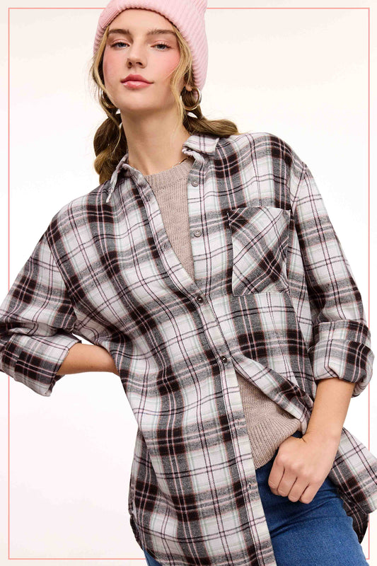 Black Plaid Button Down Top