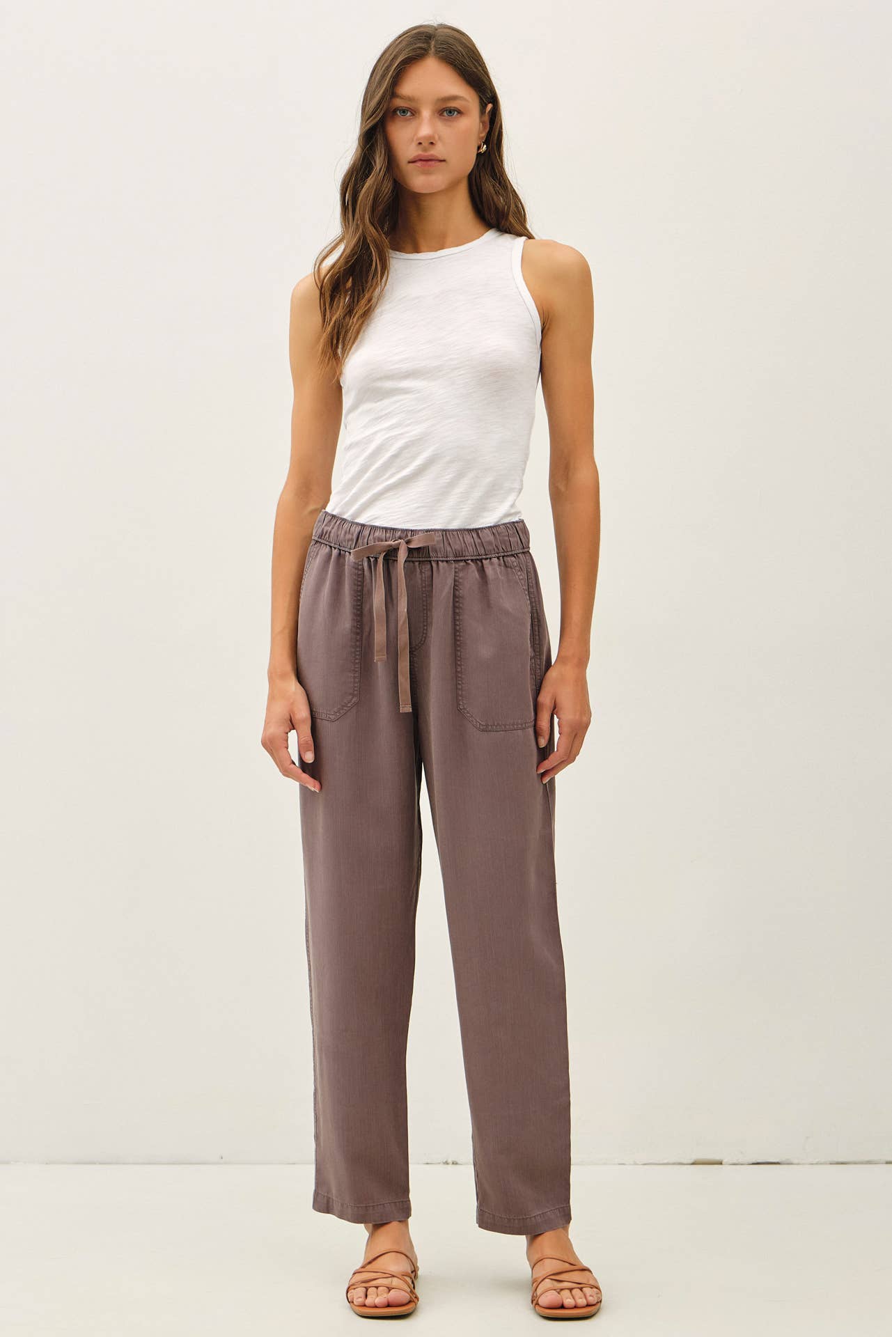 BROWN GREY TENCEL TAPERED PANTS