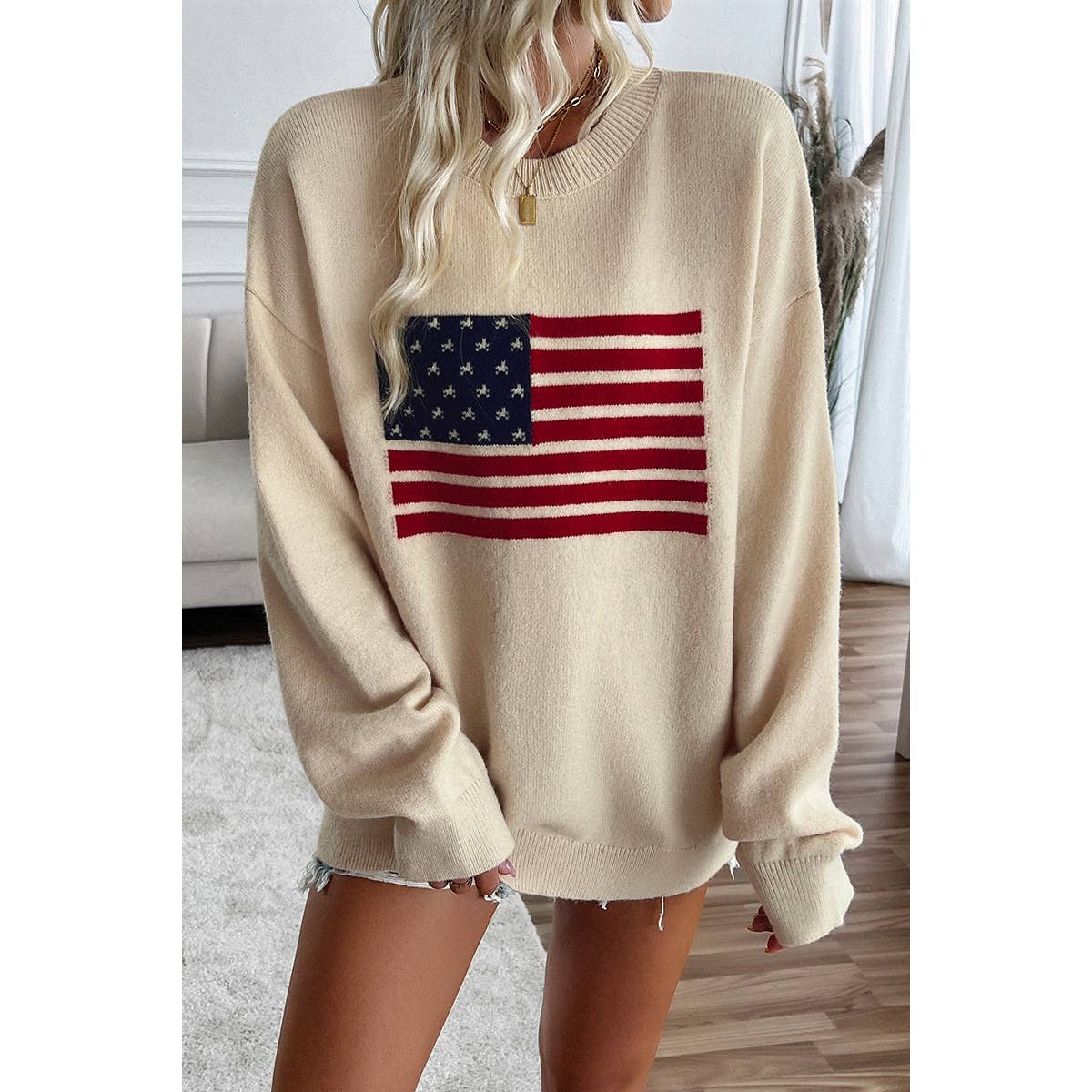 Beige USA Knit Loose Fit Sweater