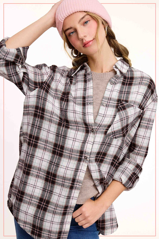 Black Plaid Button Down Top