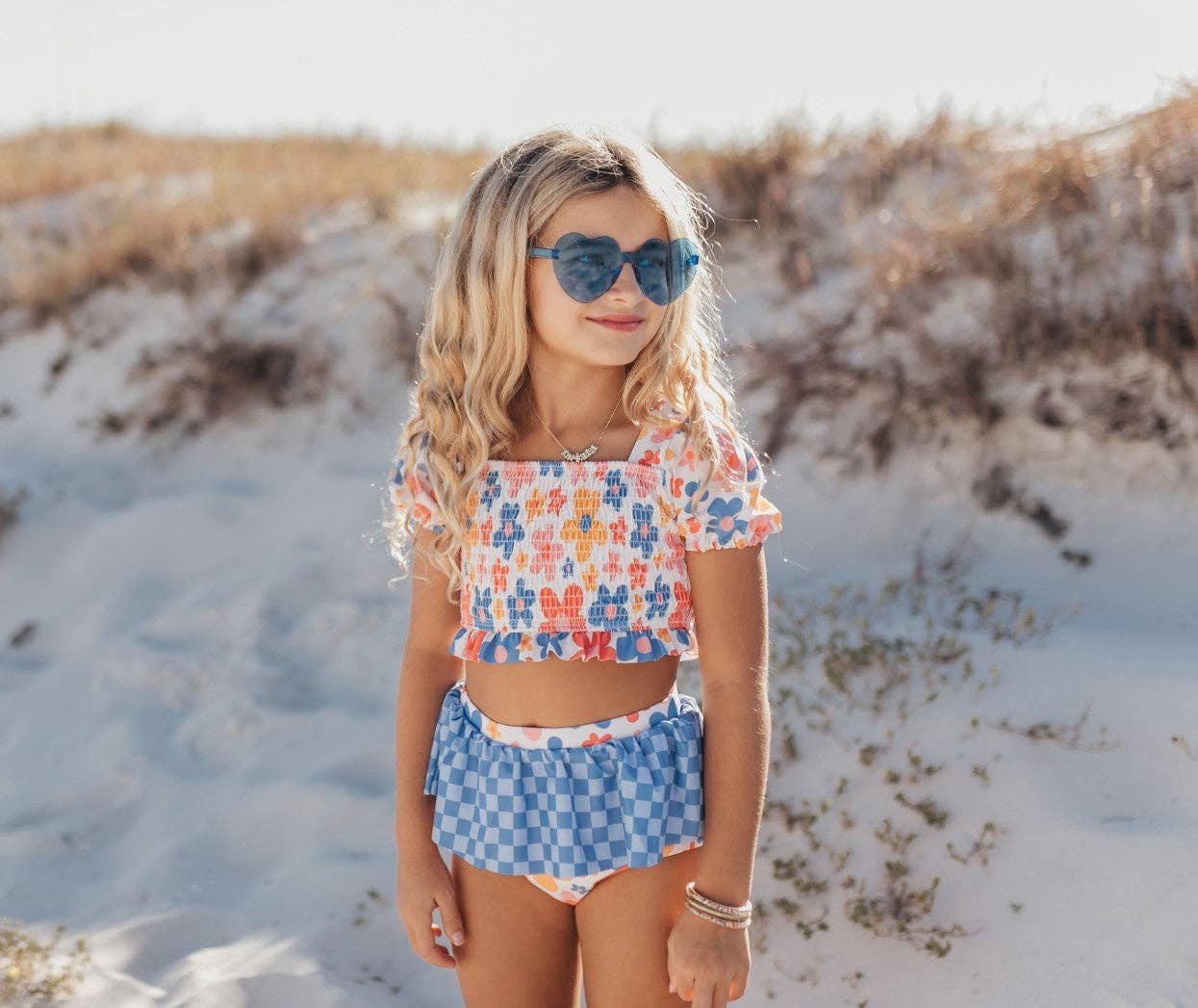 Girls Retro Checkered Flower Power 2 Piece Swimsuit