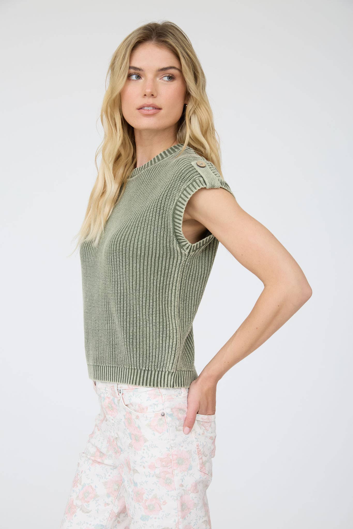 Olive Acid Washed Back Button Top