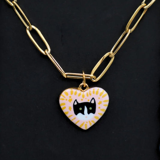 Black + White Cat Heart Charm Necklace
