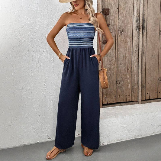 Navy Elastic Waist Tube Top Jumpsuit
