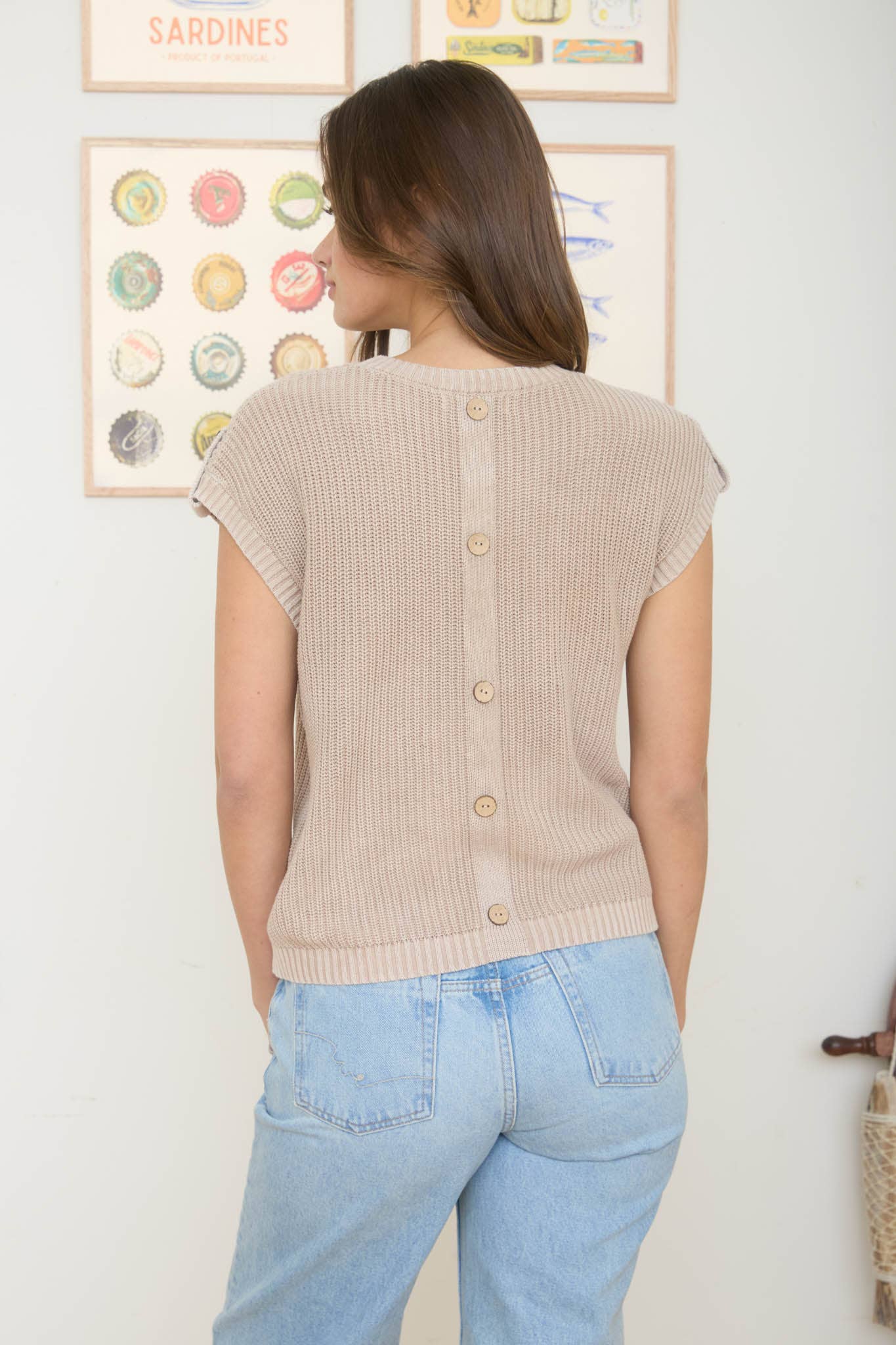 Khaki Acid Washed Back Button Top