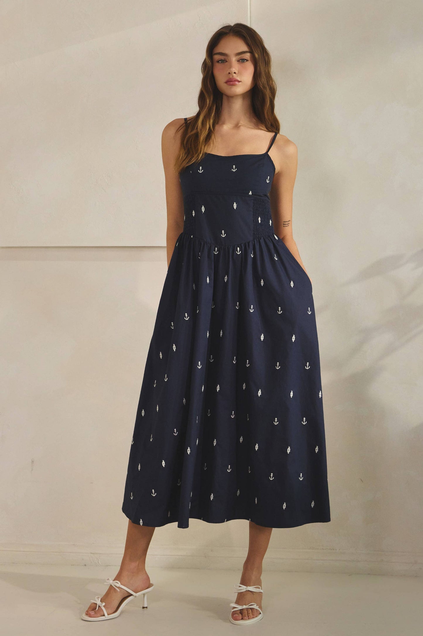 Embroidered Anchor Smocked Maxi Dress