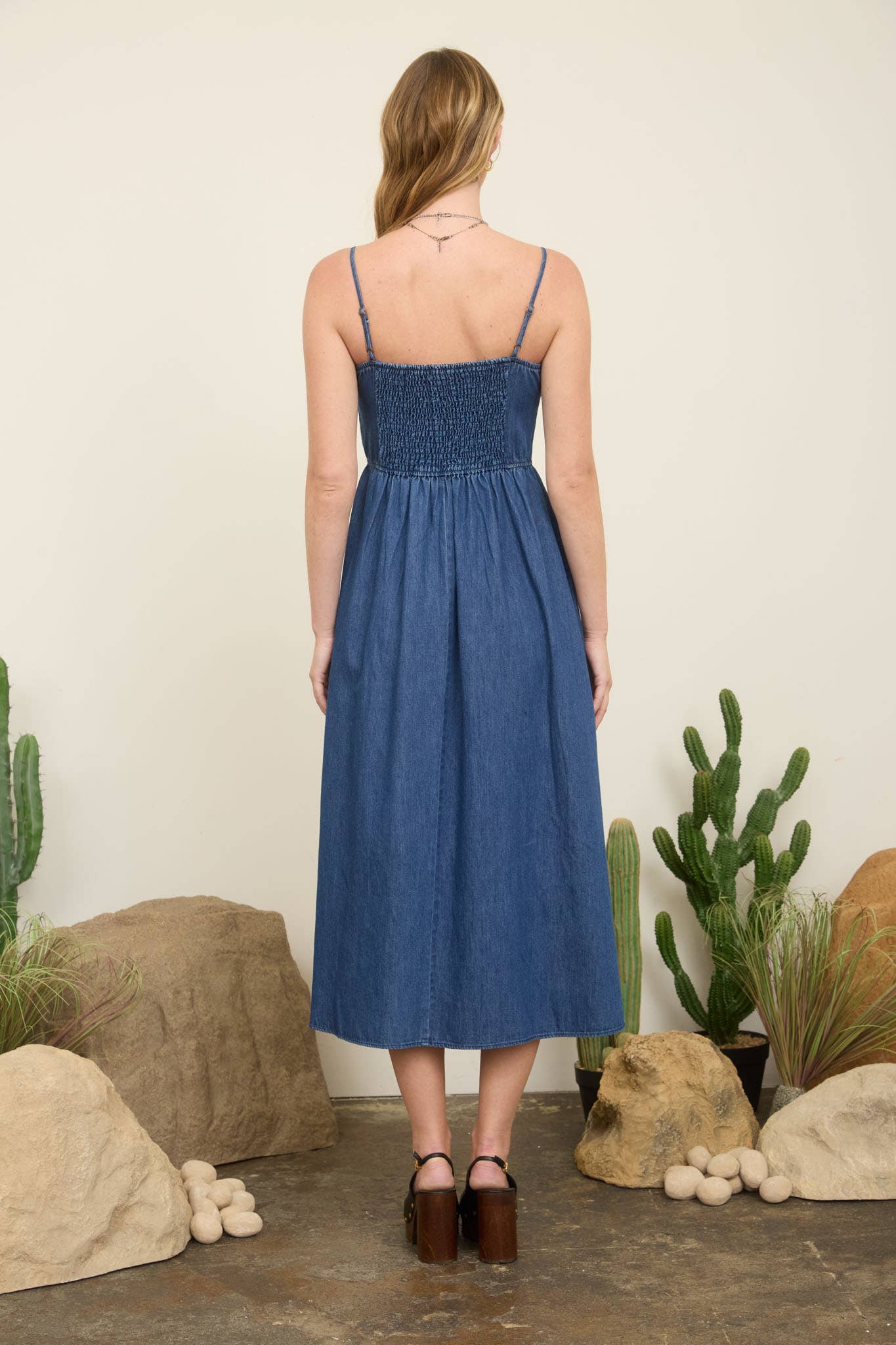 Denim Spaghetti Strap Dress with Bow Detal