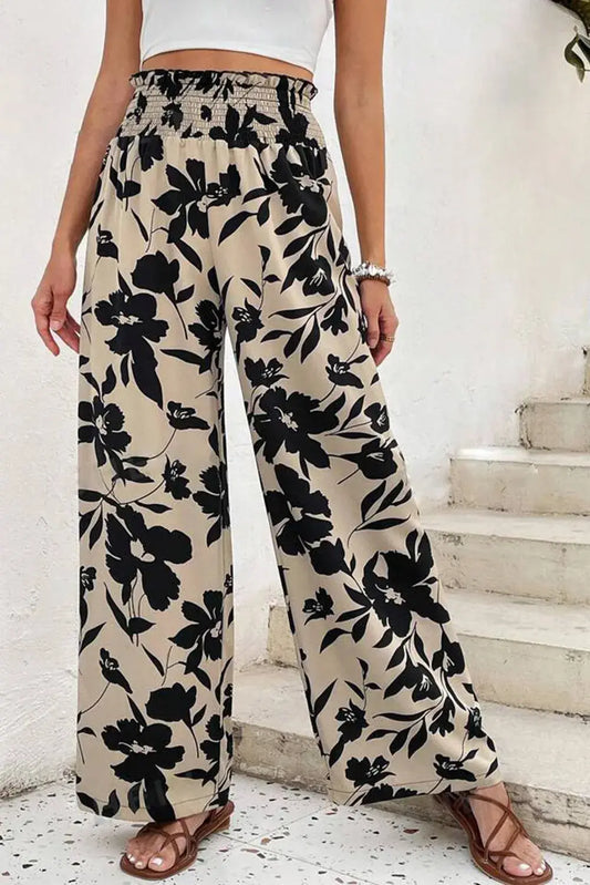 Black Floral Print Smocked High Waist Wide Leg Pants