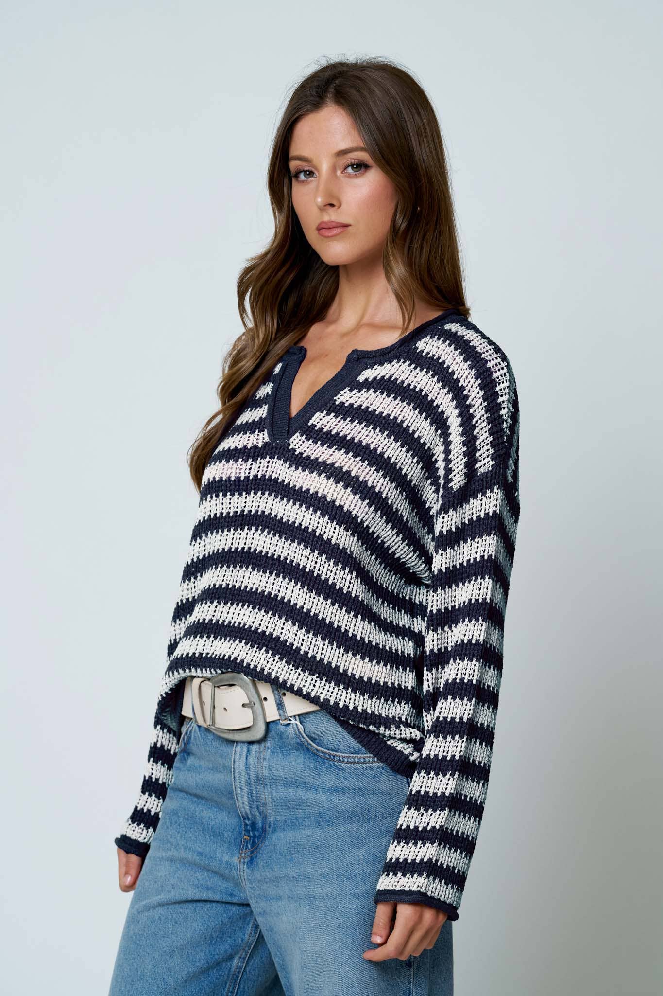 Navy Striped Split Neck Sweater