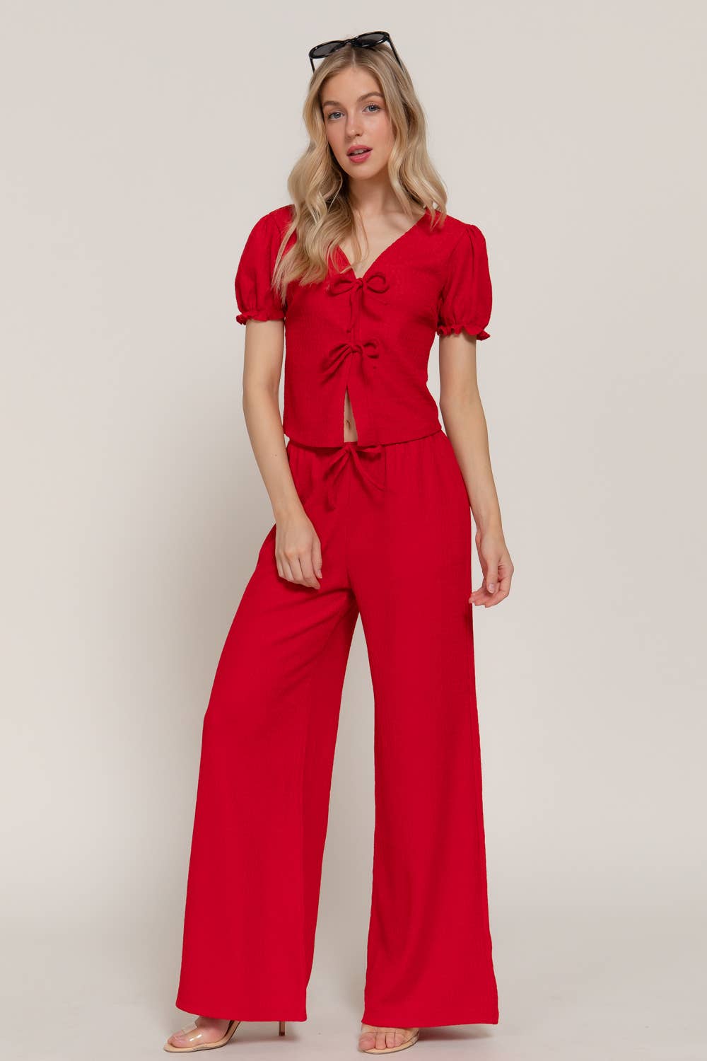 Red V-Neck Bow Top & Knit Pants Set