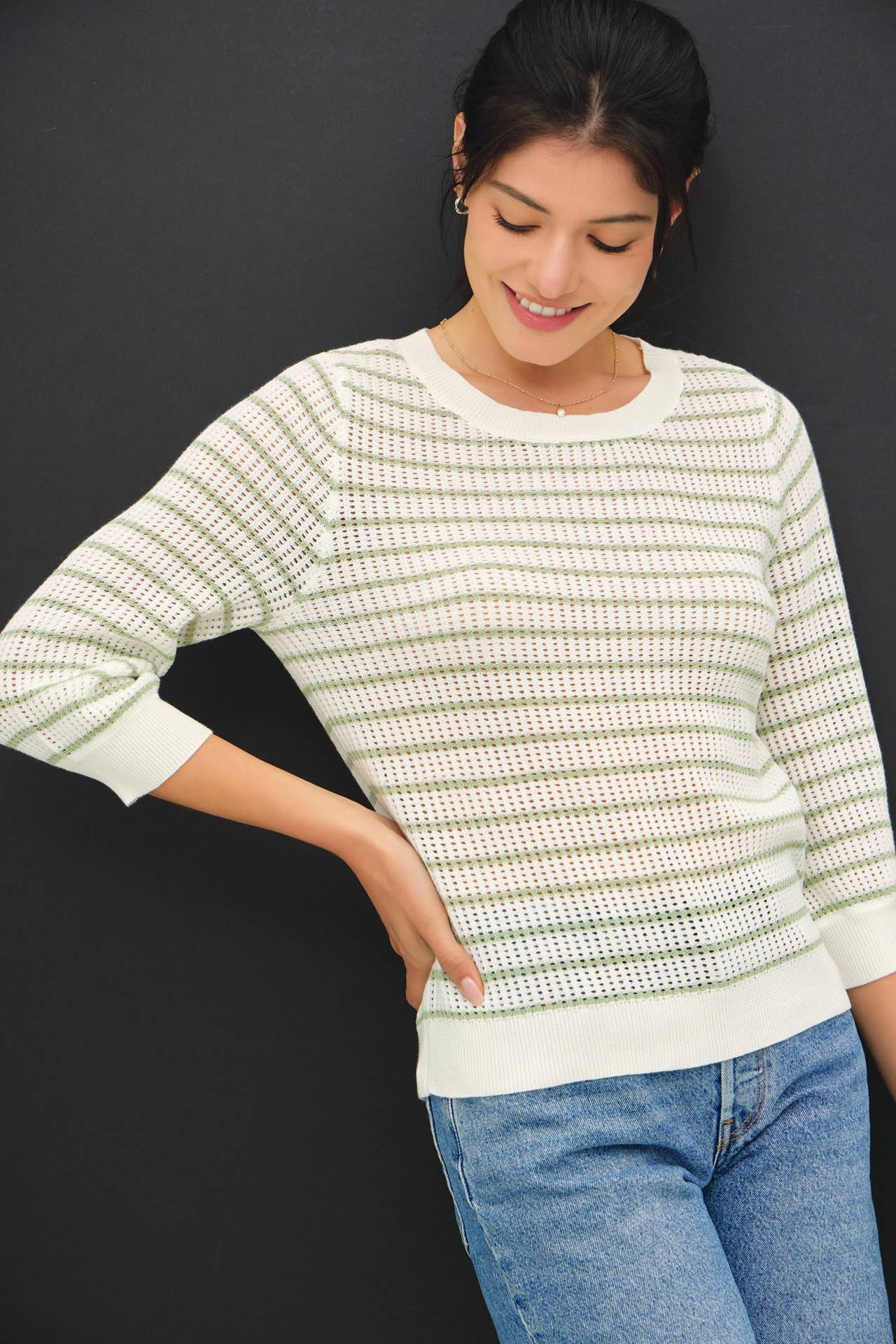 SAGE STRIPED 3/4 SLEEVE SWEATER