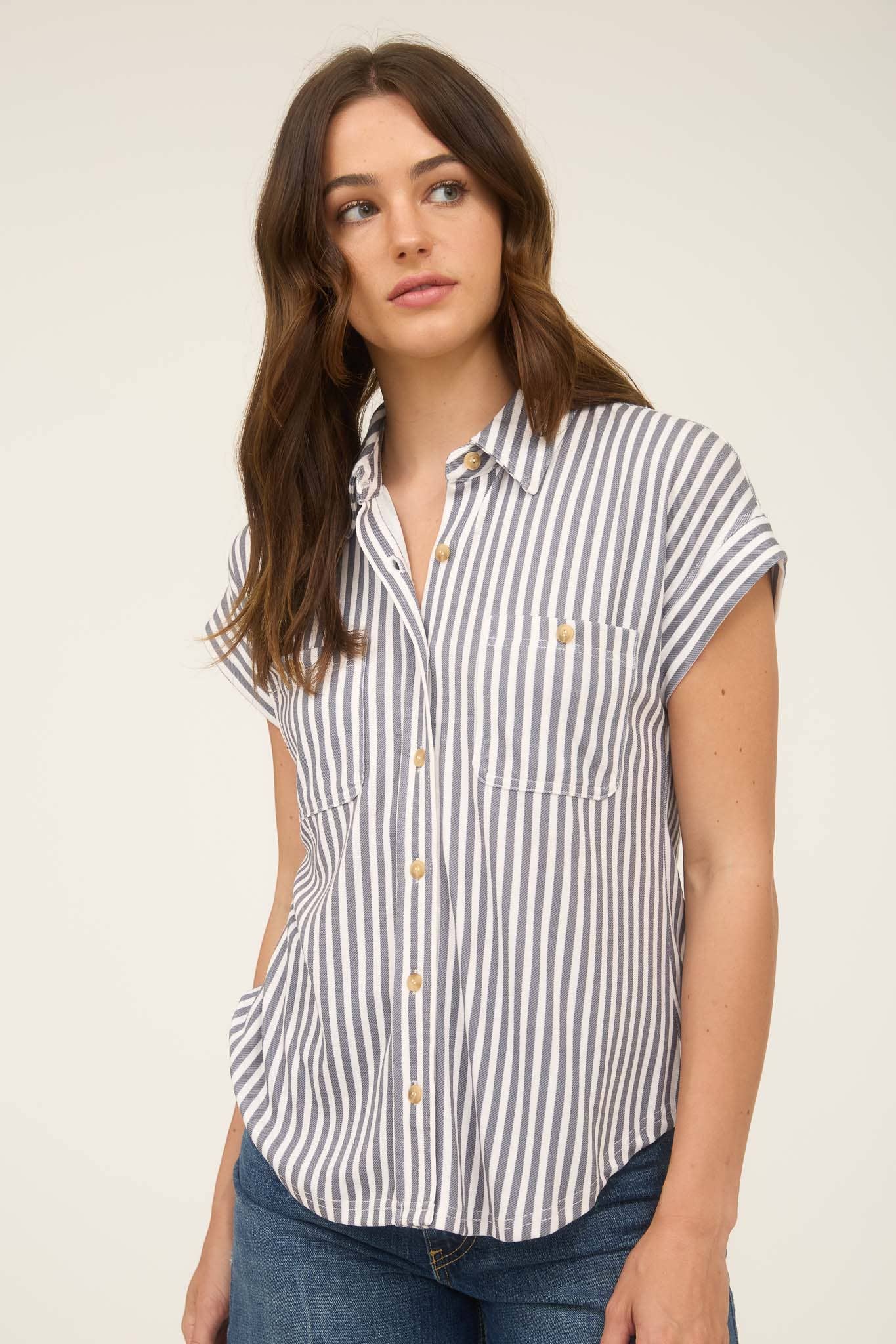 CHARCOAL STRIPE BUTTON DOWN TOP
