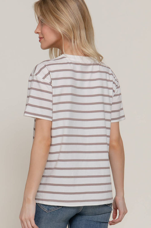 Mocha Short Sleeve Striped Oversized Top